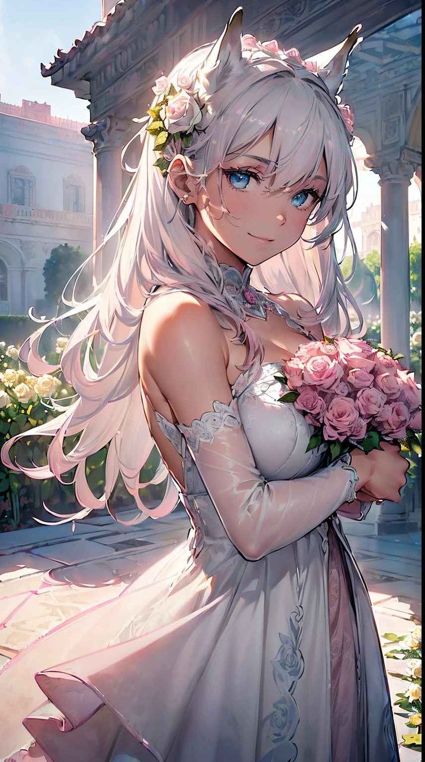(((masterpiece))), (((highest quality))), ((ultra-detailed)), ((super fine illustration)), ((ultra-fine painting)), (upper body:1.2), Highly detailed and delicate illustration style, detailed skin texture, detailed cloth texture, detailed rose flower texture, detailed wood texture, extreme detailed description, (T-masterpiece), ((highly detailed face)), original, raw photo, professional, Intricate details, super details, intricate ornament details, perfect ???????, (16-year-old), real, (Solo), (((A very mysterious and sacred silver fox girl with nine tails and blue eyes who is a messenger of God:1.2)) BRAKE ((Beautifu and adorable silver fox ears:1.3)), ((Nine beautiful and adorable silver fox tails:1.2)), (nine silver fox tails:1.2), (nine silver fox tails:1.2), (multiple silver fox tails:1.2), (multiple silver fox tails:1.2), (Beautifully shaped breasts), (Beautifully shaped buttocks), (beautiful and shiny silver hair:1.3), (beautifl clear blue eyes:1.3), (detailed beautiful clear blue eyes:1.6), ((looking at me)), (Smile:1.2), Standing, (Celebration), (beautiful hands and fingertips:1.2) BRAKE (((A beautiful and gorgeous princess dress that is detailed and delicate to be worn at celebratory occasions:1.2))) BRAKE ((Holding in both hands a large bouquet of highly detailed and delicate ((white and pink roses)):1.3)) BRAKE (Daytime sun), (Celebration), (((Highly detailed and delicate garden of white roses and pink roses in the palace courtyard in the early afternoon of spring in the background: 1.3))), (8K highest quality wallpaper:1.2), (Highly detailed and delicate background:1.2) BRAKE
