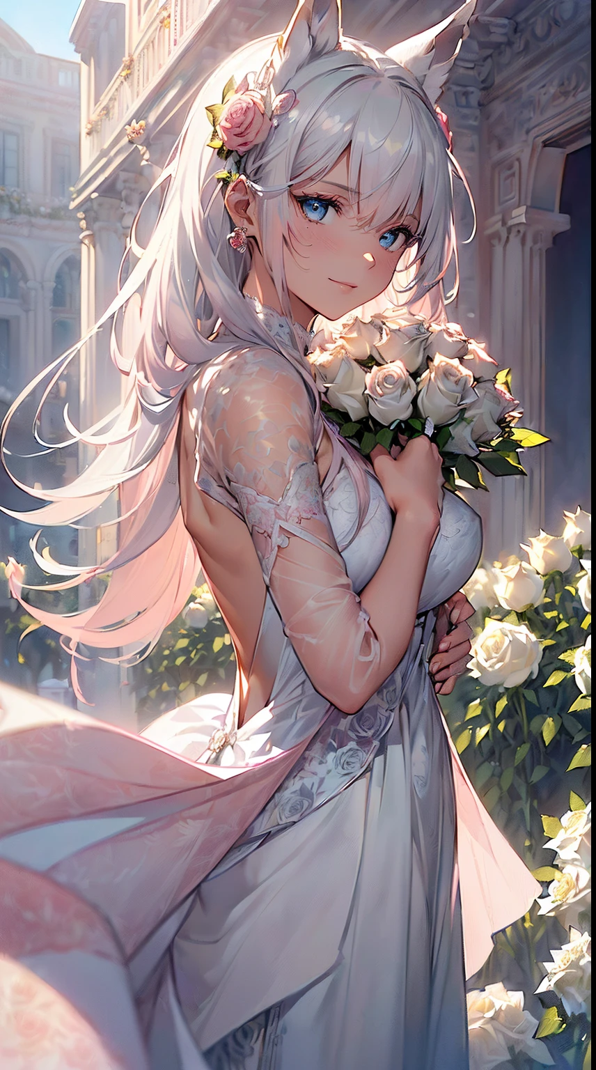 (((masterpiece))), (((highest quality))), ((ultra-detailed)), ((super fine illustration)), ((ultra-fine painting)), (upper body:1.2), Highly detailed and delicate illustration style, detailed skin texture, detailed cloth texture, detailed rose flower texture, detailed wood texture, extreme detailed description, (T-masterpiece), ((highly detailed face)), original, raw photo, professional, Intricate details, super details, intricate ornament details, perfect anatomy, (16-year-old), real, (Solo), ((A very mysterious and sacred silver fox girl with nine tails and blue eyes who is a messenger of God:1.2)) BRAKE ((Beautifu and adorable silver fox ears:1.3)), ((Nine beautiful and adorable silver fox tails:1.2)), (nine silver fox tails:1.2), (nine silver fox tails:1.2), (multiple silver fox tails:1.2), (multiple silver fox tails:1.2), (Beautifully shaped breasts), (Beautifully shaped buttocks), (beautiful and shiny silver hair:1.3), (beautifl clear blue eyes:1.3), (detailed beautiful clear blue eyes:1.6), ((looking at me)), (Smile:1.2), Standing, (Celebration), (beautiful hands and fingertips:1.2) BRAKE (((A beautiful and gorgeous princess dress that is detailed and delicate to be worn at celebratory occasions:1.2))) BRAKE ((Holding in both hands a large bouquet of highly detailed and delicate ((white and pink roses)):1.3)) BRAKE (Daytime sun), (Celebration), (((Highly detailed and delicate garden of white roses and pink roses in the palace courtyard in the early afternoon of spring in the background: 1.3))), (8K highest quality wallpaper:1.2), (Highly detailed and delicate background:1.2) BRAKE