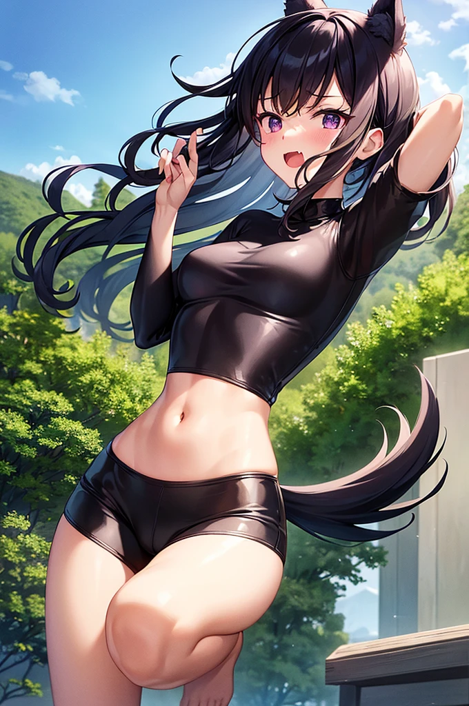 delta, 1girl, solo, short, small breasts, black hair, straight perm hair, messy hair, spike hair, bedhead, purple eyes, thin body, thin waist, black dog ears , black dog tail, nails, fang,,,, slime bodysuit,  black bodysuits, , outdoors, Meadow, road, mountain, forest, blue sky, white clouds,,,, full body, excitement, , open mouth, joy, blush, dynamic angles, , natural light, walking, floating hair, sweat, paw pose, from the anime the eminence in shadow