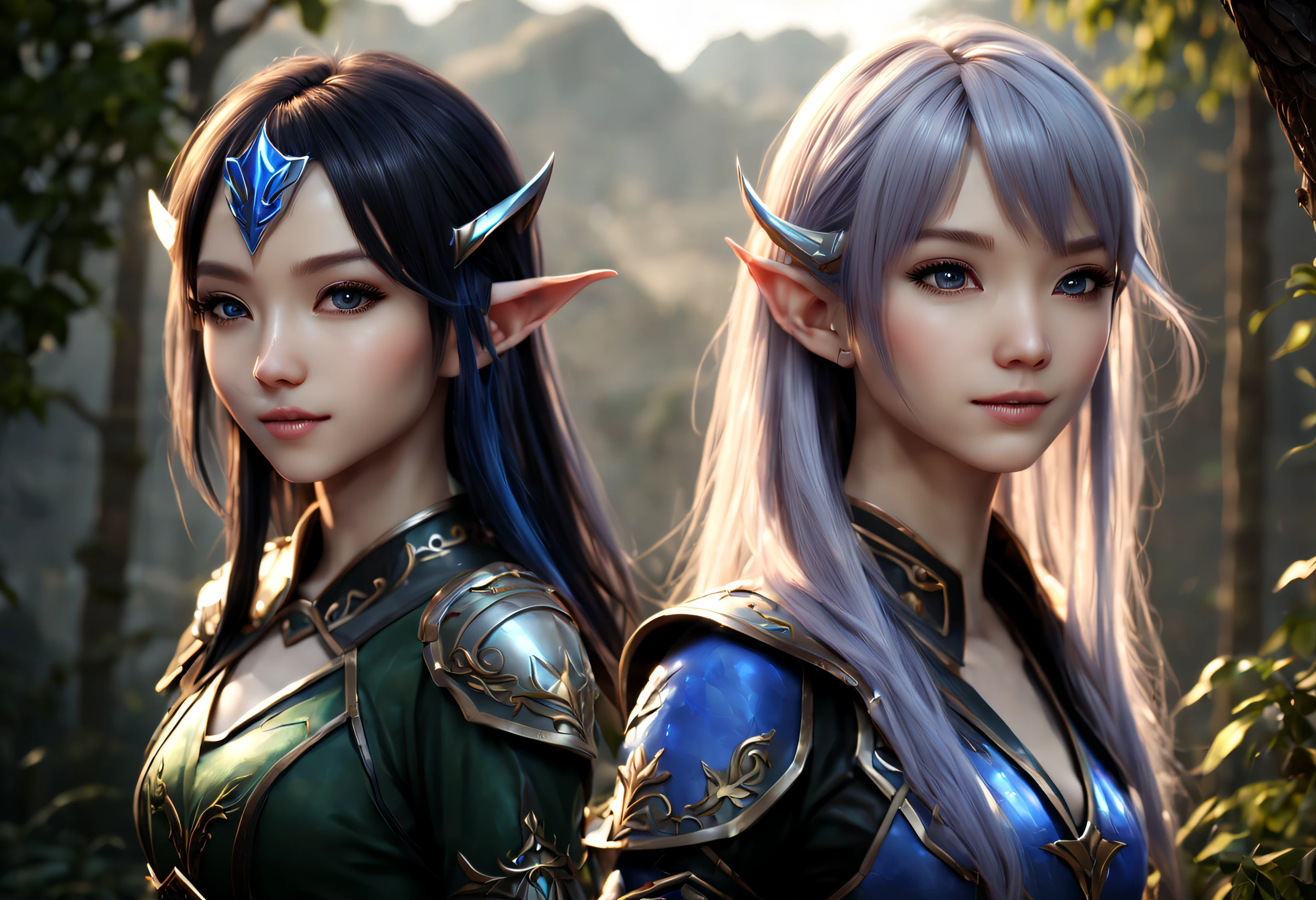 2 jeunes femmes elfes, Face est la plus belle star féminine d’Asie, cheveux bleus à raser, Unreal Engine 5 rendu, Résolution 8k, Grand sourire, Armure courte noire