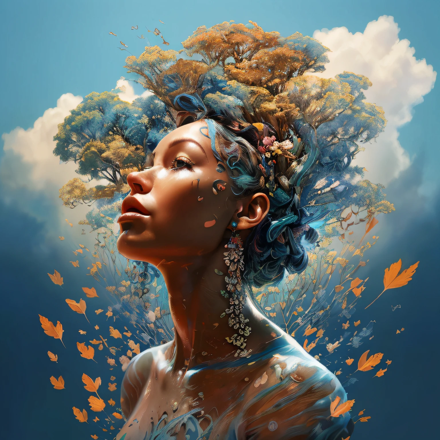 painting of a woman with a tree in her hair, stunning digital illustration, bela arte digital, Beautiful digital illustration, exquisite digital illustration, retrato surreal bonito, lindo arte digital, deusa das nuvens, Beeple e James Jean, a beautiful artwork illustration, bela arte digital, Retrato da deusa 3D, Inspirado em Alberto Seveso, beautiful artwork, Directed by: Galeno Dara