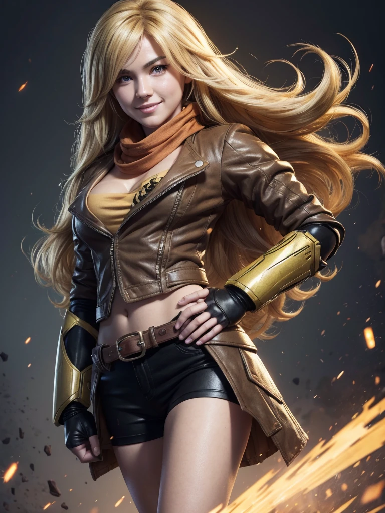 (masterpiece,
best quality:1.2), yang_xiao_long from rwby, cowboy shot, solo, 
1girl, yang xiao long, grin, hand on hip, very long hair, ahoge, purple eyes, brown jacket, yellow tube top, black shorts, black fingerless gloves, orange scarf, waist cape, midriff, cleavage, large breasts, prosthetic arm, boots, belt, walking in old library, looking at the camera, Hearty smile, Photo realistic, realistic facial features, realism, hyper detailed, hyper realistic, 8k, {{{extremely detailed}}}, (extremely detailed CG unity 8k wallpaper, masterpiece, cute round face