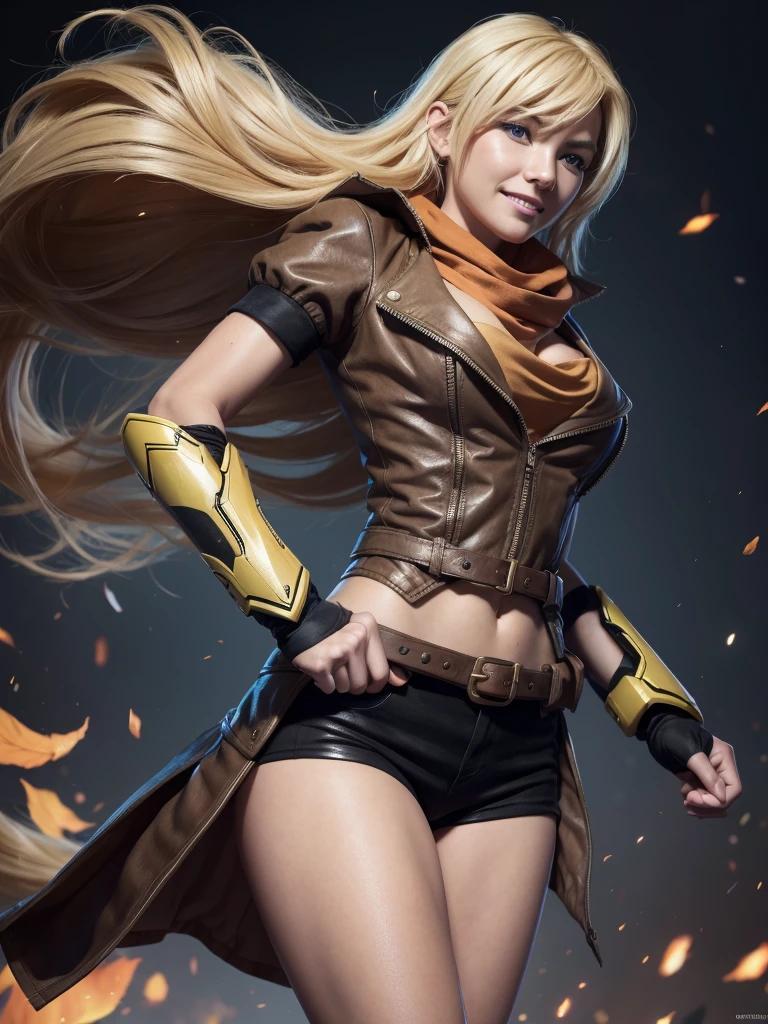 (masterpiece,
best quality:1.2), yang_xiao_long from rwby, cowboy shot, solo, 
1girl, yang xiao long, grin, hand on hip, very long hair, ahoge, purple eyes, brown jacket, yellow tube top, black shorts, black fingerless gloves, orange scarf, waist cape, midriff, cleavage, large breasts, prosthetic arm, boots, belt, walking in old library, looking at the camera, Hearty smile, Photo realistic, realistic facial features, realism, hyper detailed, hyper realistic, 8k, {{{extremely detailed}}}, (extremely detailed CG unity 8k wallpaper, masterpiece, cute round face