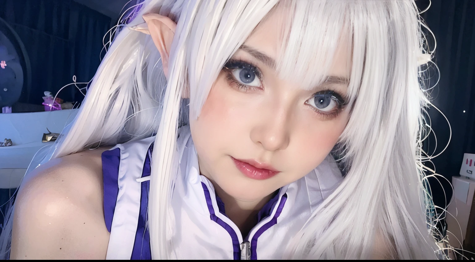 Realistic, 1girl in, White hair, Purple eyes, Glowing eyes, masutepiece, of the highest quality, High resolution, 1girl in, Best Quality, hight resolution, Ultra-detailed, King Emilia:Staynight, Look at viewers, 8K UHD, (masutepiece,Best Quality: 1.2), Ultra-detailed face, hight resolution, 1girl solo, ((FemaleAdult)), Detail Face, Realistic, perfect hand, Perfect face, 8K UHD,