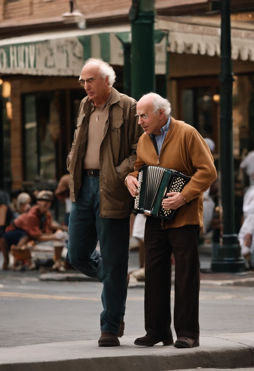 A photo of Larry glaring at a busker playing the accordion on the street corner.,Curb Your Enthusiasm,Larry David, the character from “Curb Your Enthusiasm,” mirrors his real-life counterpart with a casual, often disheveled appearance, typically seen in khaki pants, a loose-fitting shirt, and sneakers. He is balding, with a rim of curly hair, and he carries a bemused expression that often shifts into one of exasperation or incredulity, male
