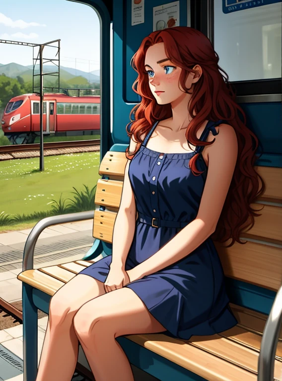 20 yo girl looking in the distance, light-colored dress, long hair, wavy red hair, blue eyes, freckles, blind, skinny , sit in bench, rural train station, outside