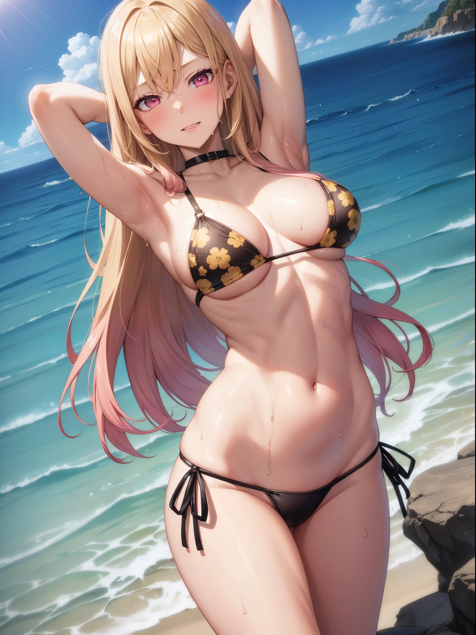 1girl, marin kitagawa, blonde hair, choker, long hair, (pink eyes:1.5), (slanted eyes:1.5), (glare:1.5), straight hair, swept bangs, (long eyelashes), (lower eyelashes:1.3), (blush:1.3),
BREAK (triangle bikini:1.2), Black bikini, (black panty), (patternless panty), (Yellow floral bikini:1.3), medium breasts, Naked, Exposed skin, (Wet skin:1.3), (arms behind head, armpits),
BREAK (sea:1.5), beach, (solar:1.3),
BREAK looking at viewer,
BREAK (masterpiece:1.2), best quality, high resolution, unity 8k wallpaper, (illustration:0.8), (beautiful detailed eyes:1.6), extremely detailed face, perfect lighting, extremely detailed CG, (perfect hands, perfect anatomy)