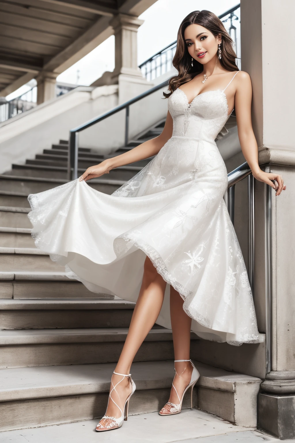 publicidad de zapatos de dama, modelo sentada en escalera, zapatos primer plano, vestido formal, fondo blanco