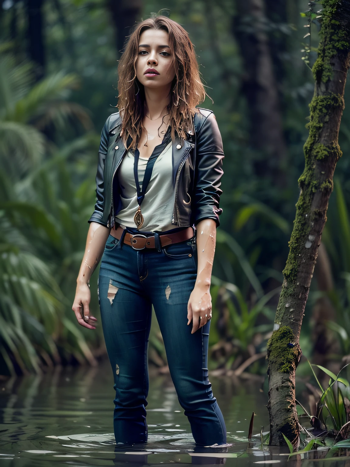 Tormented by lust, caught by surprise in the forest, Indulging your sexual fetish, drowned in a swamp, standingn. Her face is haggard and dehydrated. She is perplexed and looks around in fright. 
TAGS: blurred background, (wearing jeans), leather jacket, in blouse wearing, standingn, (drowning in a swamp up to his thighs:1.3), (Short hair gathered in a ponytail),