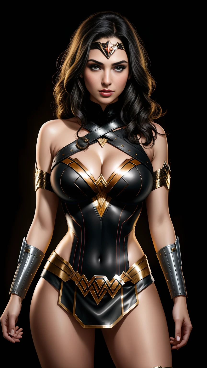 there is Gal Gadot as Wonder Woman standing, 3 d neon art of a womans body, neon-noir background, cyberpunk femme fatale, seductive cyberpunk dark fantasy, cyberpunk strip clubs, cyberpunk 20 y. o model girl, oppai cyberpunk, banner, high definition cgsociety, cgsociety masterpiece, trending on cgstation, kda, random hair, looking at camera, gigantic breasts, cleavage, (high detailed skin:1.2), 8k uhd, dslr, super lighting, high quality, film grain, high res, highly detailed, hyper realistic, beautiful face, beautiful body, beautiful eyes nose lips, alluring expression, very bold, upper boobs visible, full body photo, standing legs apart, pale translucent glowing skin, most beautiful face, cute, (well defined pubic hair:1.2)), (dark plain black background:1.4))