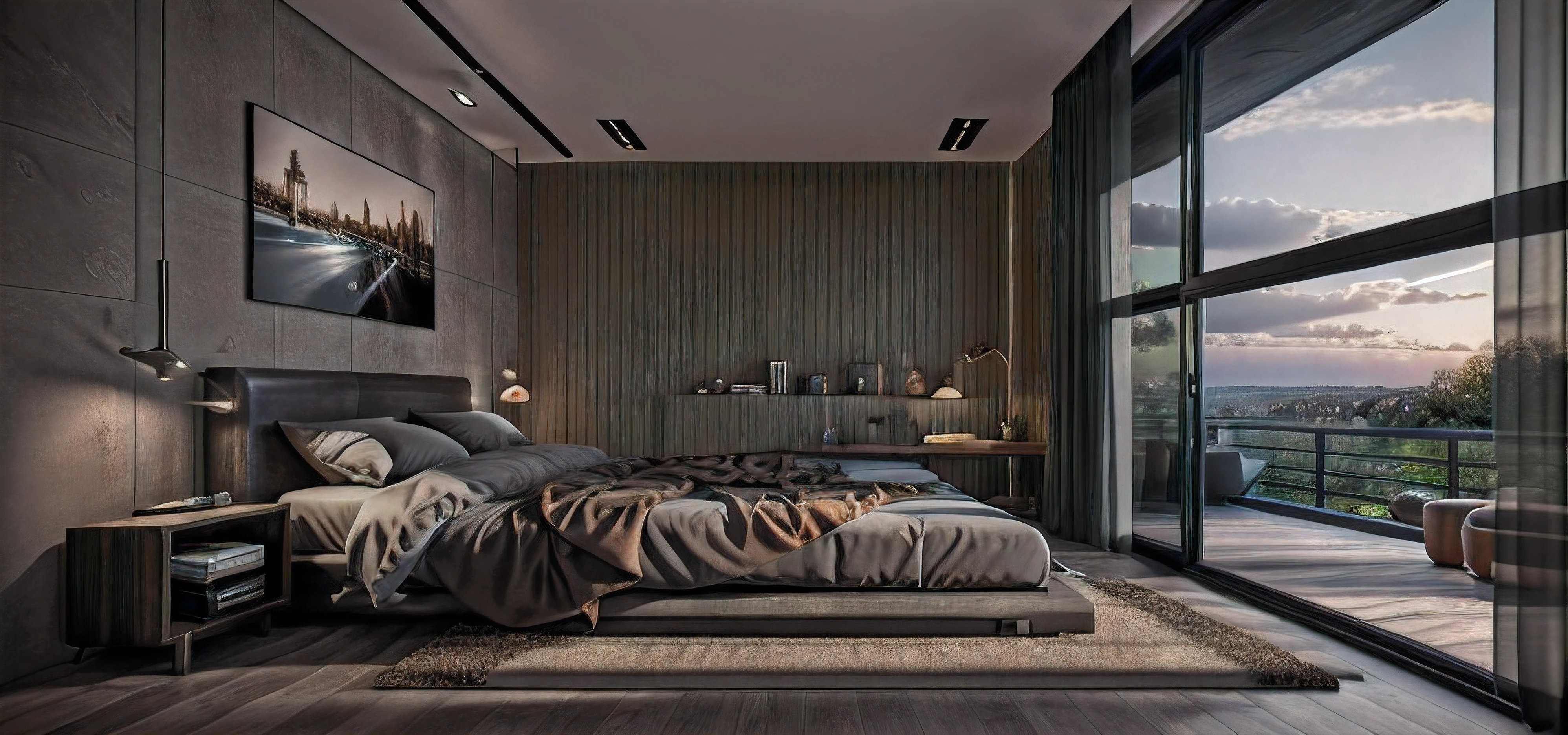 ((Best quality, 16k uhd, Masterpiece :1.3)), Sharp focus :1.2, (photo realisstic: 1.2), (hyperdetails: 1.2), nightday, bedroom, white wall , dynamic (RAW photo, best quality, masterpiece:1.2), detailed, (hyper realistic, photo-realistic:1.2), high quality, (dark lighting:1.2), perfect lighting, floor wood dark, curtain door glass, glass door wardrobe , lamp, ron inox , 3d max render