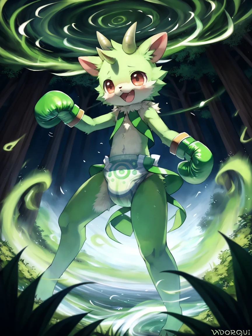 ((by wadorigi on Twitter)(Lamb)), pokemon, ??? proportions, cute, adorable , thin thighs, hooves, upper limb hooves, light green fur, horns made of emerald , powerful green spiral wind current on surroundings, ( green swirling whirlwind effect), surrounded by green swirling whirlwinds of magic, multiple green swirling whirlwinds on background, wearing soggy messy padded diaper, (green leather boxing gloves), leather wrist cuffs, Captured in a wooden cage, in forest