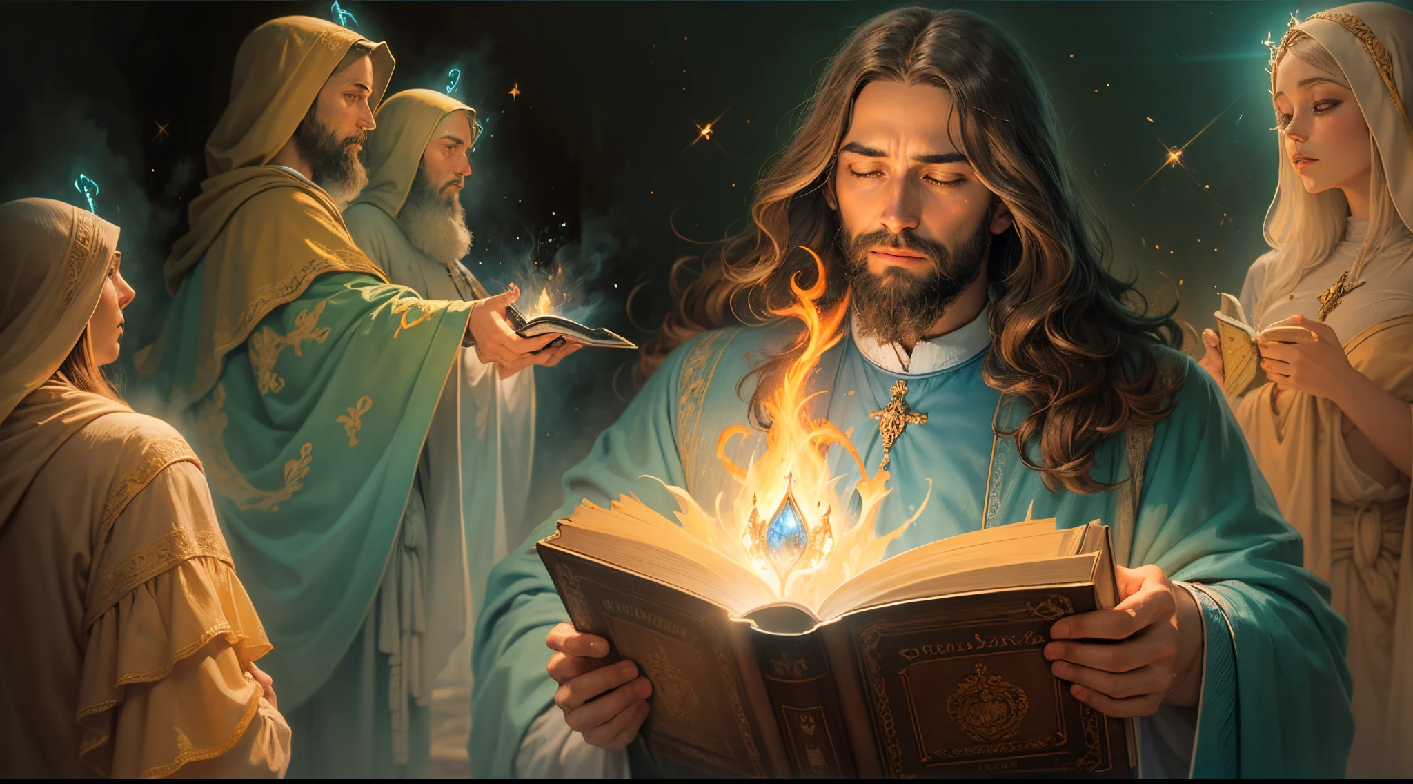 Uma pintura de Jesus lendo um livro com uma aura brilhante, Bible Illustrations, holy fire spell art, O Senhor e Salvador, Meu deus, imagens religiosas, Your mind is thinking of eternity, holy flame spell, Um halo brilhante no alto, beautiful depiction, imagens sacras, arte conceitual de deus, Diretor: Alexandre Giemsky, artistic depiction, Luz Divina da Luz