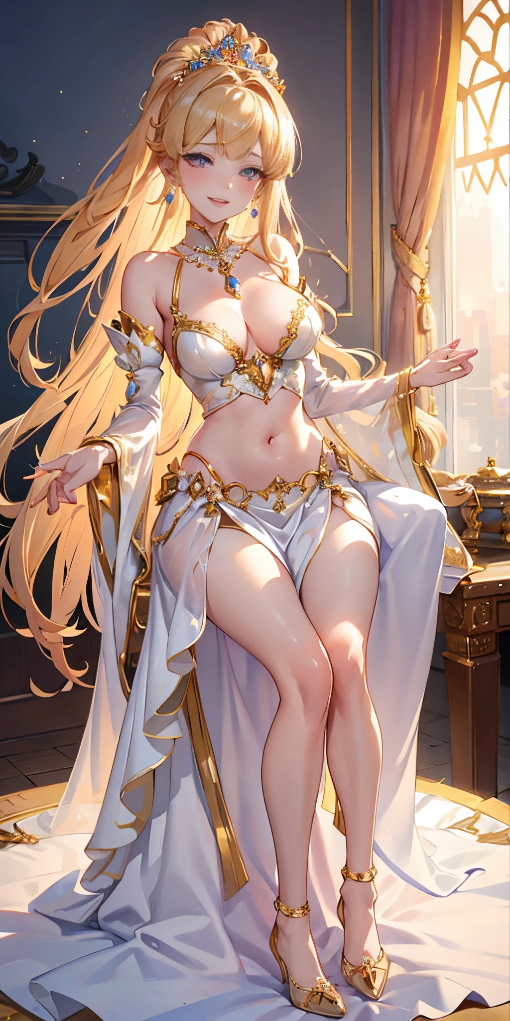honey color, (one princess wearing sexy princess dress with transparent lace sleeves), (photorealistic:1.4), (masterpiece, sidelighting, finely detailed beautiful eyes: 1.2), Dynamic pose, masterpiece*portrait, realistic, 3d face, glowing eyes, shiny hair, lustrous skin, solo, (midriff), extreme long hair, smile, from blow, (masterpiece), best quality, embarrassed, necklace, earrings,