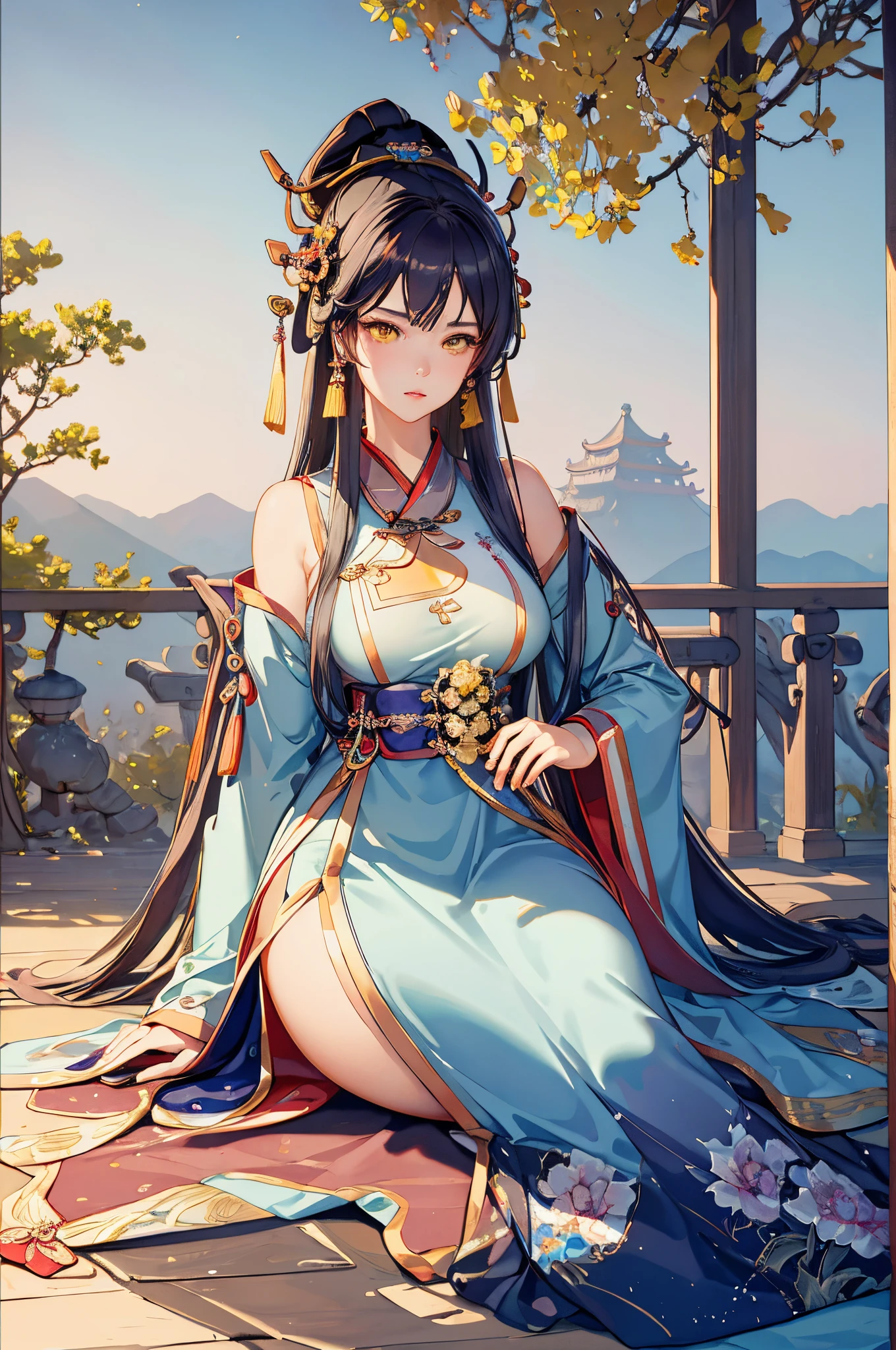 masterpiece, professional lighting, photon mapping, radiosity, physically-based rendering,1girl, full body,absurdres, highres, skyline, beautiful detailed sky, covered nipples,(hanfu, ming style),yellow eyes, big breast, massive breast, big ass