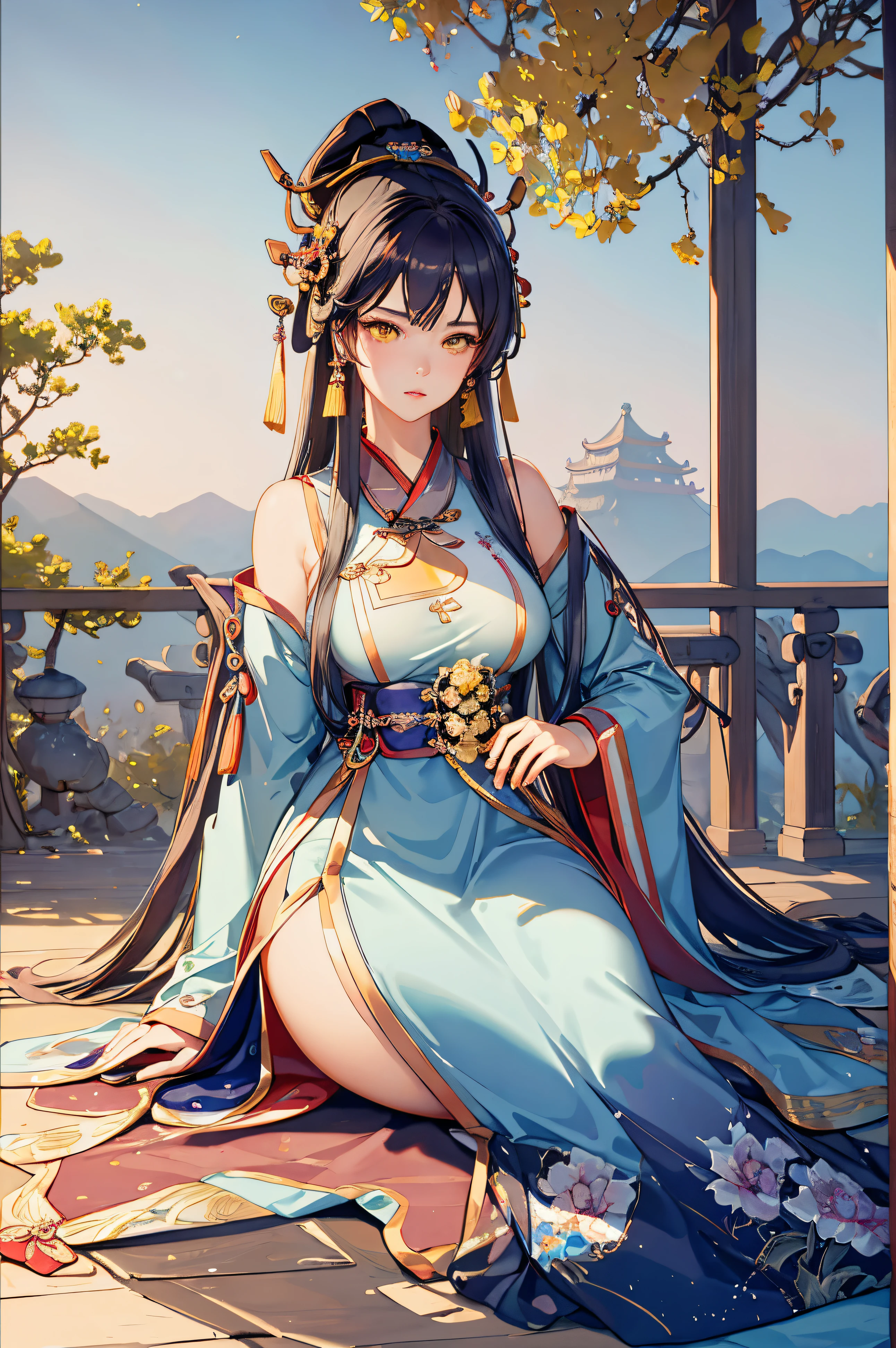 A woman wearing gorgeous clothes in ancient China, superlative, long black hair, Chinese-style headdress, intricate and detailed jewelry, blingbling jewelry, wearing Dunhuang-style clothes, like a fairy descending, full of wisdom, fresh temperament, fair skin, long black hair, flowing long hair, messy and scattered hair, afternoon sunset, edge lighting, best light and shadow, best shadow, sparkling, dreamy picture, snowy mountains in the distance, complex clothes, flying Ayara, There is a kind of scent, body fragrance, petals, surrounded by petals, outside the temple in Tibet, 1girl, ultra high definition, complex light and shadow, dancing, light makeup, big eyes, long eyelashes, slim, good-looking long legs, thin waist, will be deeply attracted by the characters in the painting, the most beautiful woman in the world, 25 years old, mysterious, bare feet, gold on the head, wearing a bracelet, seductive expression, pink blush