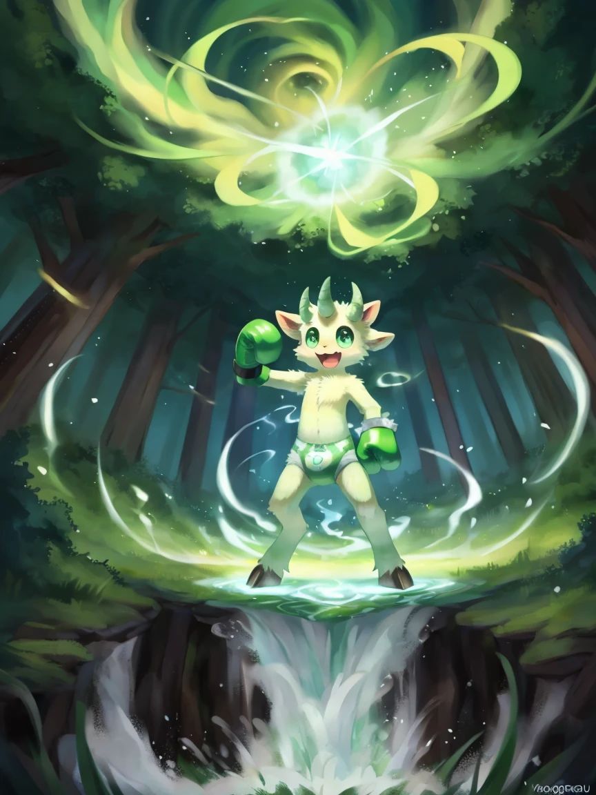 ((by wadorigi on )(Lamb)), pokemon, kid protions, cute, adorable , thin thighs, hooves, upper limb hooves, light green fur, horns made of emerald , powerful green spiral wind current on surroundings, ( green swirling whirlwind effect), surrounded by green swirling whirlwinds of magic, multiple green swirling whirlwinds on background, wearing soggy messy padded diaper, (green leather boxing gloves), leather wrist cuffs, inside a wooden cage, in forest