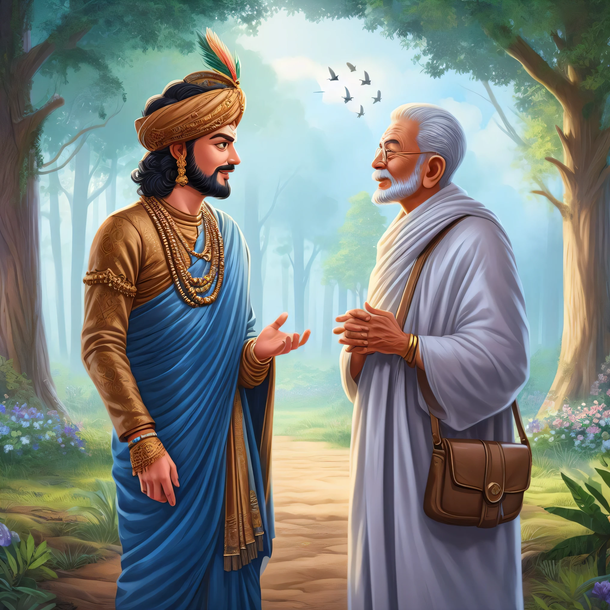 two men in a forest talking to each other, inspired by Ram Chandra Shukla, wise old indian guru, ashoka tano, love of wisdom, ghutra and egal, civ ghandi, inspired by Kailash Chandra Meher, inspired by Bapu, granting him a noble title, indian master, by Bapu