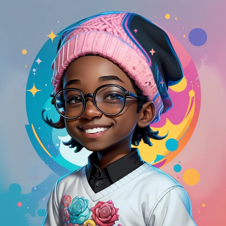 ) ((((beautiful black boy with glasses and a beanie smiling) ((Mikey)) - Criador: Walt Disney2023) ), ,, ( Walt Disney acolchoamento ,multidimensional geometric wall PORTRAIT, arte, Chibi,
Yang08k, lindo, Colouring,Rose
Primary works, qualidade superior, melhor qualidade, Arte Oficial, Beautiful and Aesthetic,)) ), ,,  Walt Disney acolchoamento ,multidimensional geometric wall PORTRAIT, arte, Chibi,
Yang08k, lindo, (Colouring, rosa), amarelo ,azul ,vermelho e branco)
Primary works, qualidade superior, melhor qualidade, Arte Oficial, Beautiful and Aesthetic,