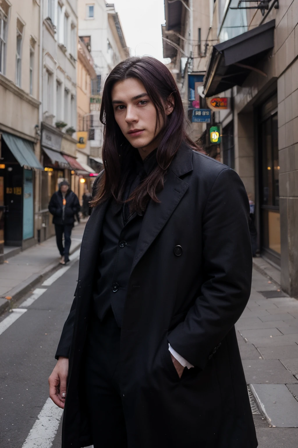 Anime man ...  handsome ....  Cold and sharp features ....  Clothes of the nobility ......  Very, very dark purple hair ...