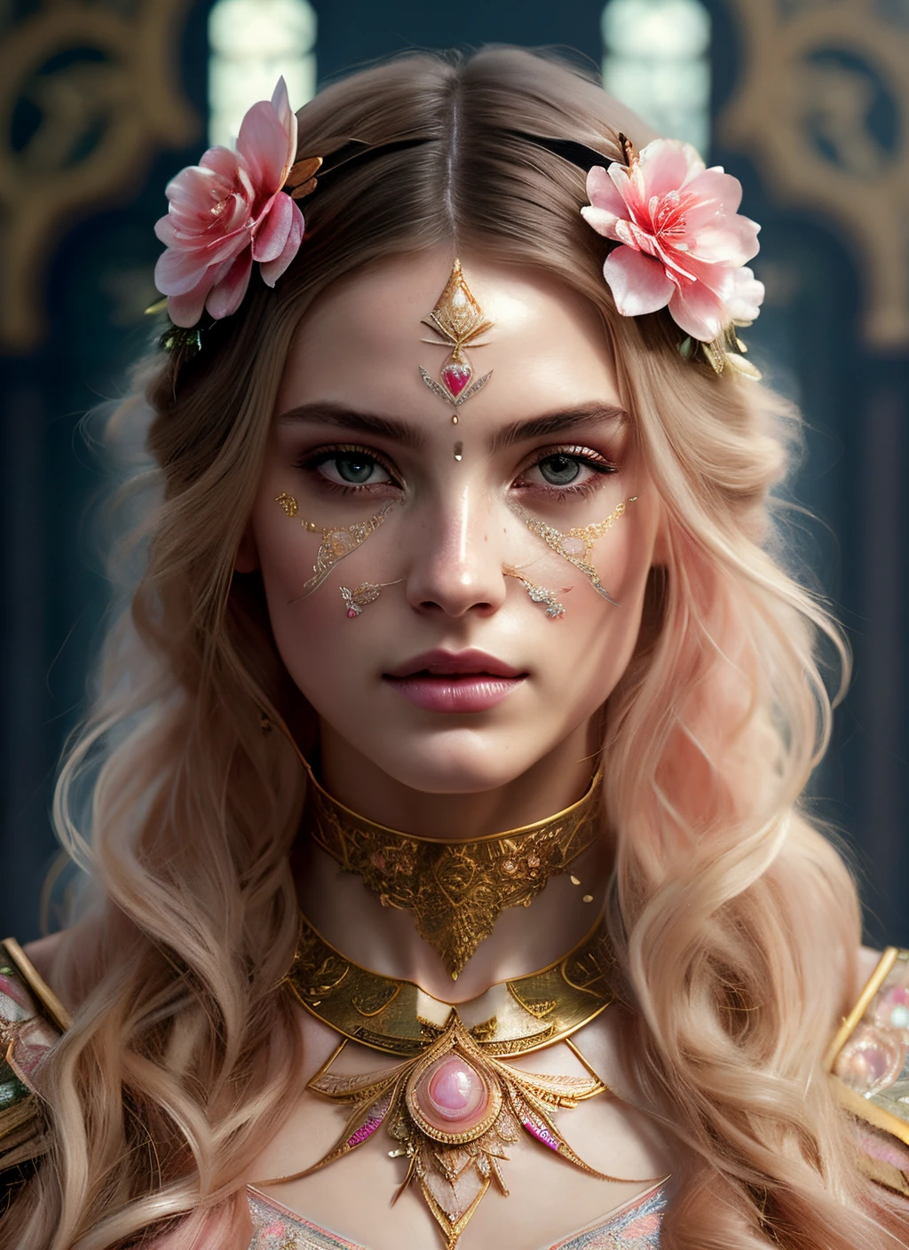 (symmetry:1.1) (portrait of floral:1.05) a woman as a beautiful goddess, (assassins creed style:0.8), pink and gold and opal color scheme, beautiful intricate filegrid facepaint, intricate, elegant, highly detailed, digital painting, artstation, concept art, smooth, sharp focus, illustration, art by greg rutkowski and alphonse mucha, 8k