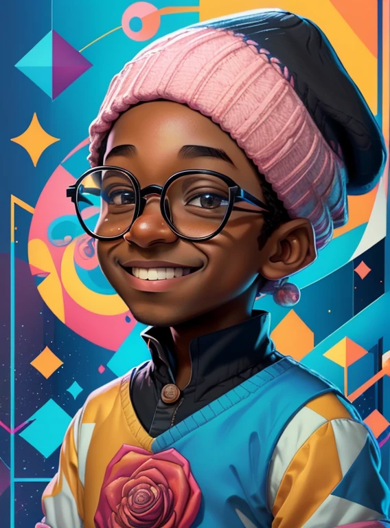) ((((beautiful black boy with glasses and a beanie smiling) ((Mikey)) - Criador: Walt Disney2023) ), ,, ( Walt Disney acolchoamento ,multidimensional geometric wall PORTRAIT, arte, Chibi,
Yang08k, lindo, Colouring,Rose
Primary works, qualidade superior, melhor qualidade, Arte Oficial, Beautiful and Aesthetic,)) ), ,,  Walt Disney acolchoamento ,multidimensional geometric wall PORTRAIT, arte, Chibi,
Yang08k, lindo, (Colouring, rosa), amarelo ,azul ,vermelho e branco)
Primary works, qualidade superior, melhor qualidade, Arte Oficial, Beautiful and Aesthetic,