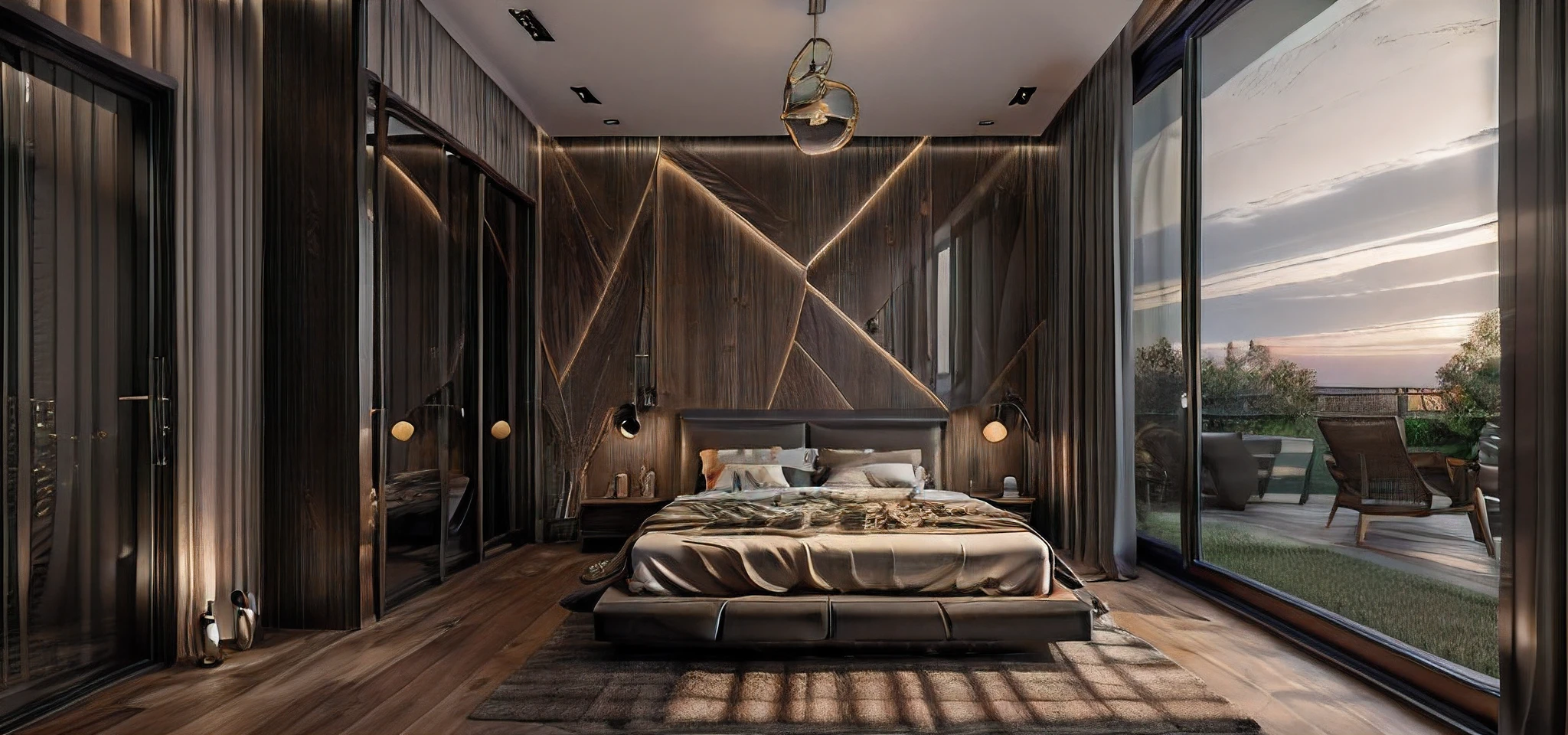 ((Best quality, 16k uhd, Masterpiece :1.3)), Sharp focus :1.2, (photo realisstic: 1.2), (hyperdetails: 1.2), nightday, bedroom, white wall , dynamic (RAW photo, best quality, masterpiece:1.2), detailed, (hyper realistic, photo-realistic:1.2), high quality, (dark lighting:1.2), perfect lighting, floor wood dark, curtain door glass, glass door wardrobe, lamp, ron inax, 3d max render