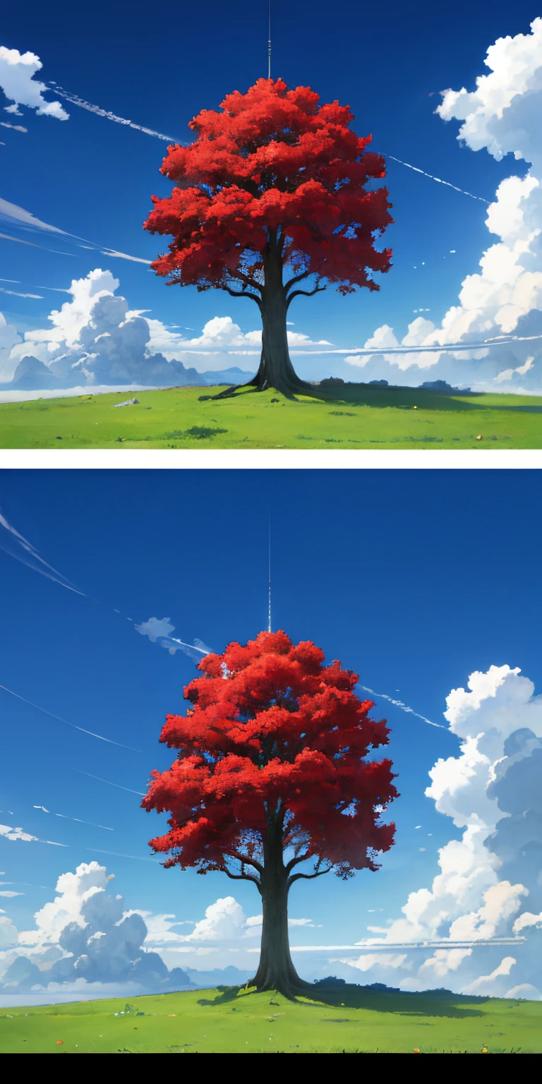 giant tree, Detalhes, folhas vermelhas, estilo anime, bela paisagem, sky with small clouds, 4k, best resolution, best quality, scenario in perspective