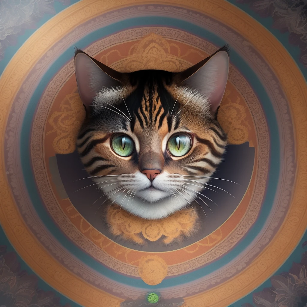 gato mandala redonda con colores vivos, mirando de frente.