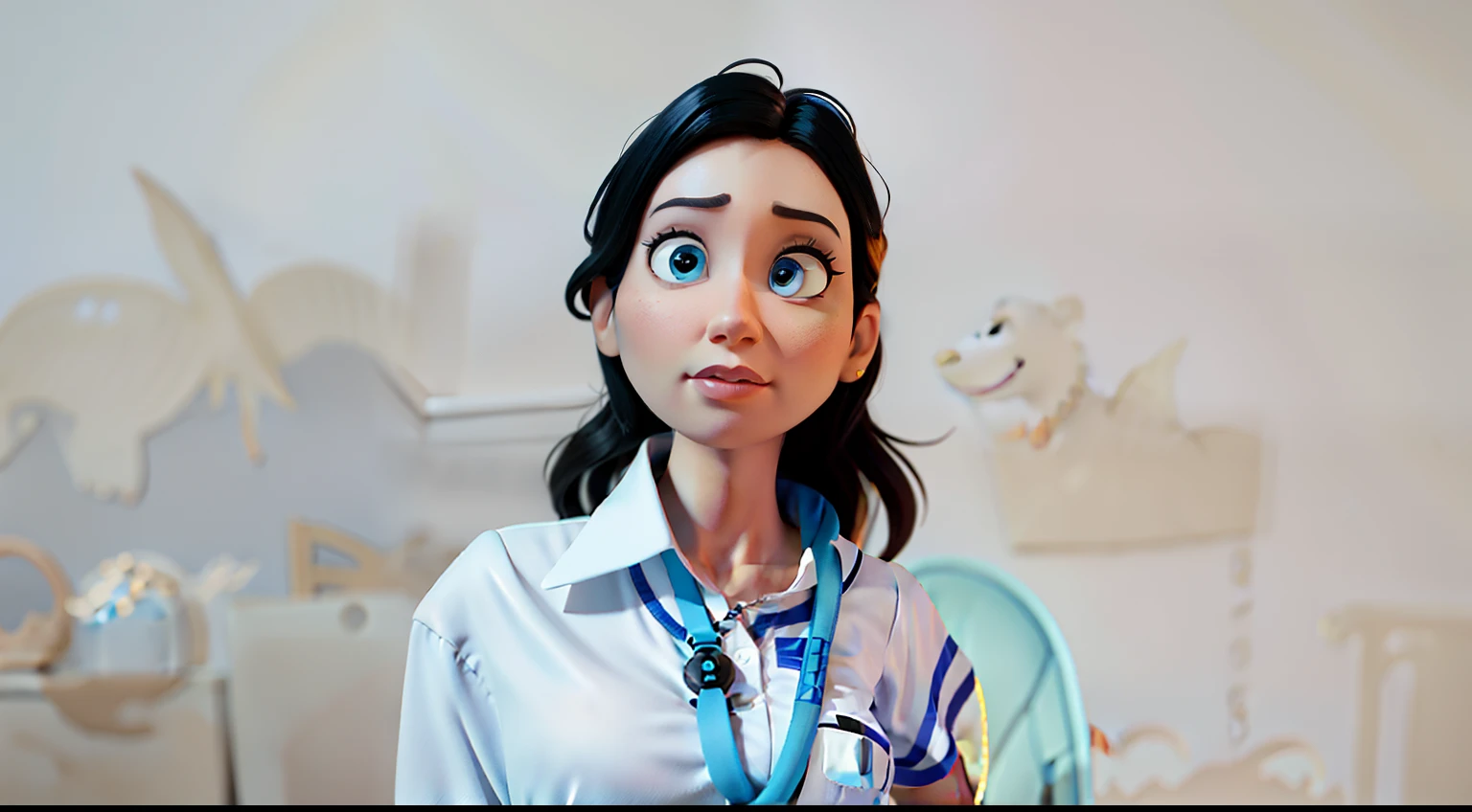 estilo pixar, mulher com cabelo comprido, wearing a white shirt and a blue lanyard, imagem central, foto de perfil profissional