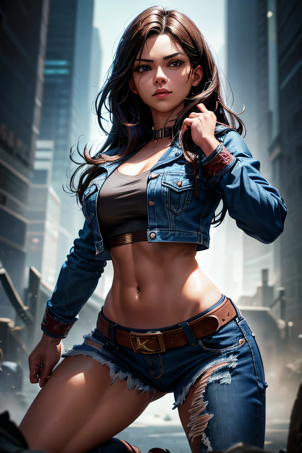 Widowmaker in a red top and jeans, wearing a sexy cropped top, holding bag on the right, thumbs up, her belly button is exposed, tinyest midriff ever, her wardrobe is attractive, beautiful midriff, wearing a crop top, wearing crop top, y 2 k style, y2k style, skinny waist and thick hips