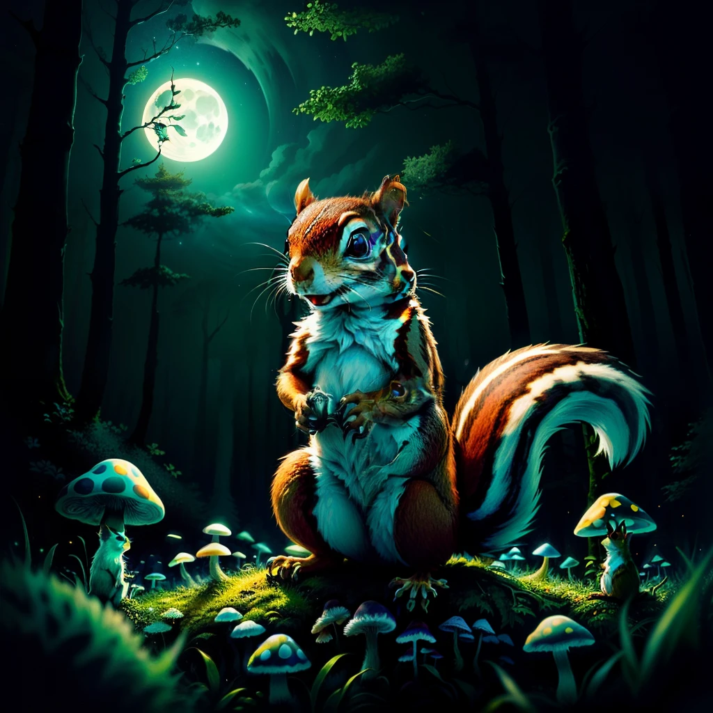 A mad squirrel against the background of hallucinogenic mushrooms under moonlight in a dark forest