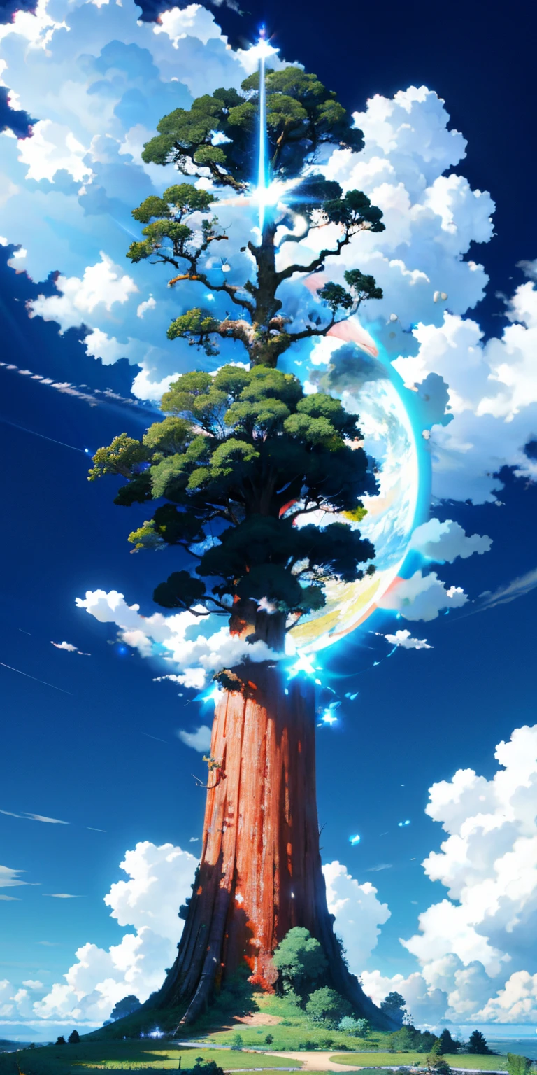 giant tree, Detalhes, folhas vermelhas, estilo anime, bela paisagem, sky with small clouds, 4k, best resolution, best quality, scenario in perspective, --ar 2:3