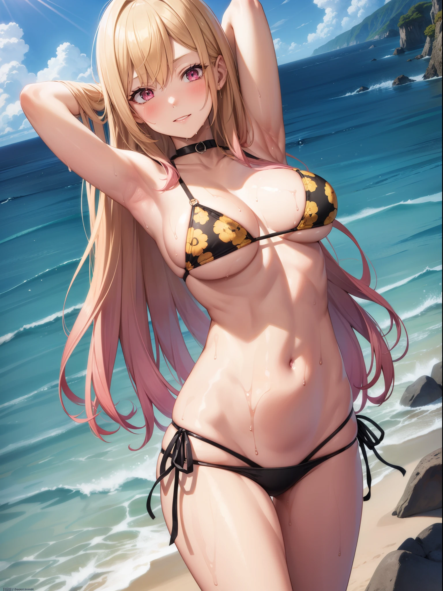 1girl, marin kitagawa, blonde hair, choker, long hair, (pink eyes:1.5), (slanted eyes:1.5), (glare:1.5), straight hair, swept bangs, (long eyelashes), (lower eyelashes:1.3), (blush:1.3),
BREAK (triangle bikini:1.2), Black bikini, (black panty), (patternless panty), (Yellow floral bikini:1.3), medium breasts, Naked, Exposed skin, (Wet skin:1.3), (arms behind head, armpits),
BREAK (sea:1.5), beach, (solar:1.3),
BREAK looking at viewer,
BREAK (masterpiece:1.2), best quality, high resolution, unity 8k wallpaper, (illustration:0.8), (beautiful detailed eyes:1.6), extremely detailed face, perfect lighting, extremely detailed CG, (perfect hands, perfect anatomy)