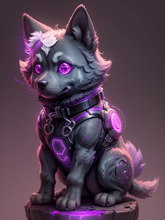 A cute Cartoon dog with glowing eyes and a collar sitting on a purple background with neon purple outline & does have bite a bone on its mouth generative ai