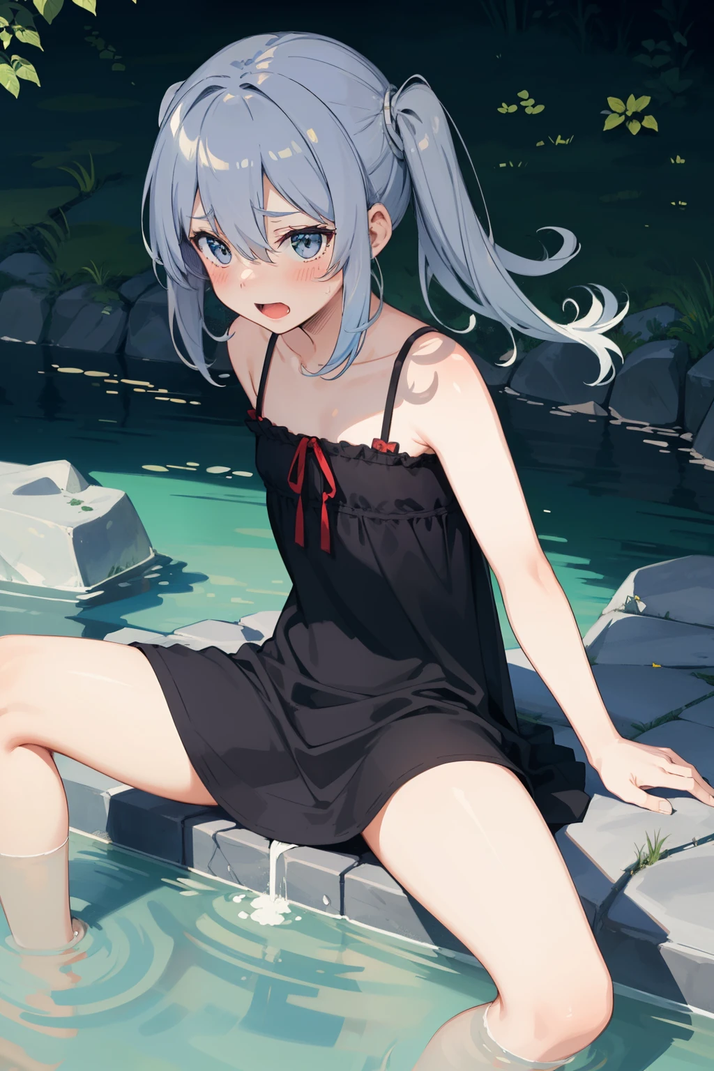 (8K, best quality, master piece: 1.5),super high resolution, One girl, solo, full shot, , ultra-detailed face, detailed eyes, rainbow colored iris, wine red eyes, slant eyes, angry, (Silver gray hair, red streaked hair), blunt bangs,, Medium chest, ((Muddy and torn clothes)), bare legs, bridal garter, Dark back alley, indian style, sitting