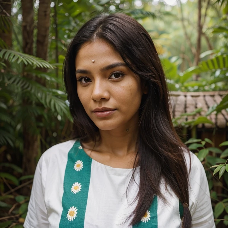 Indigenous women, cabelos longos e pretos olhos puxados na floresta