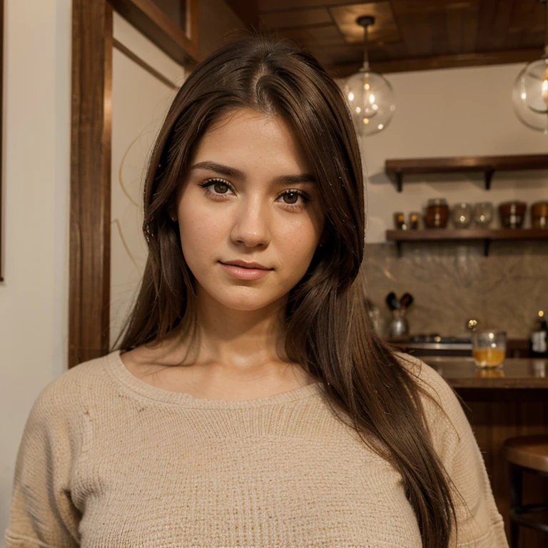 Mejor calidad, 23 years old woman, straight brown hair , ojos cafe claro, nariz redonda, rostro detallado, hyper-realistic. De piel clara, hermosa, en ropa interior