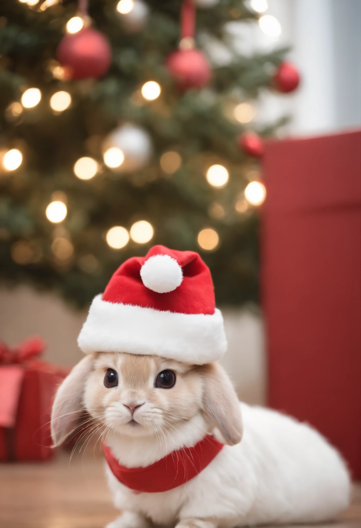 rabbit, Wear a Santa Claus hat and a red bow.，The Christmas tree is lit up in the background., fresh and cute，Warm color palette，Warm scenes，smiling girl，cozy，natural light，soft colors