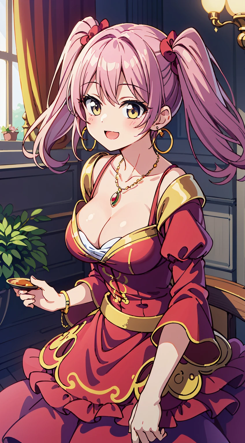 (Cute illustration:1,2),(Absurd realistic structure details),(High resolution complex and detailed text quality),(High-resolution microstructure、High poly 3 boobs boobs boobs boobs boobs boobs boobs boobs D rendering correction),Methods of geometry,Careful explanatory anatomy,
BREAK,
1 beautiful girl, Solo,(Cute:1.5),(Chibi:0.8), (kawaii:1.5),(Lori:0.5), BREAK, (girl, Cute, Cheerful, face, medium breasts:1.2),(Pink hair,disheveled short twin tails,tareme,Gold eyes:1.2),gleaming skin,Clear skin, cleavage of the breast,Beautiful , gleaming skin,Clear skin, Beautiful skin,( A smile:1.5),(best quality face),(Top quality glowing eyes), (The best smile, Elegant smile,:1.45),(Elegant smile,Doya face:1.3),BREAK (Princess), (((Elegant))), (queen jewel crown:1.3)goddess like,Golden lingerie, (Red Princess Dresses,hoop long skirt:1.6),(princess fantasy jewelry dress, Layered sleeves,Jewelry Necklaces,Ruby Earrings:1.5),Naughty makeup BREAK,(early evening),is standing, From above, high - angle view, White table, tea cup, urgent, golden gift box, (medieval fantasy jewel castle,window,jewelry chandelier:1.3),(Indoors),Winters,Waterfall,depth of fields, ,The outstretched arm BREAK,wakame,wakame,wakame,(Dynamic Angle:1.4),
BREAK,(Blurry background:1.3),(absurderes, hight resolution, Super Detail Art),cel shading,Clear Color, Lonely optical effect, Beautiful pictures, Bright glow, mystic atmosphere,(Close-up of girl:1.1), Mystical light particle effect,manga influence, clean line drawings,