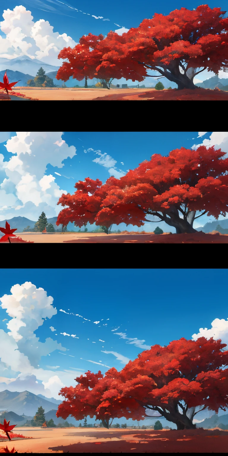 Giant tree, details, red leaves, anime style, beautiful landscape, sky with small clouds, 4k, best resolution, best quality, perspective scenery