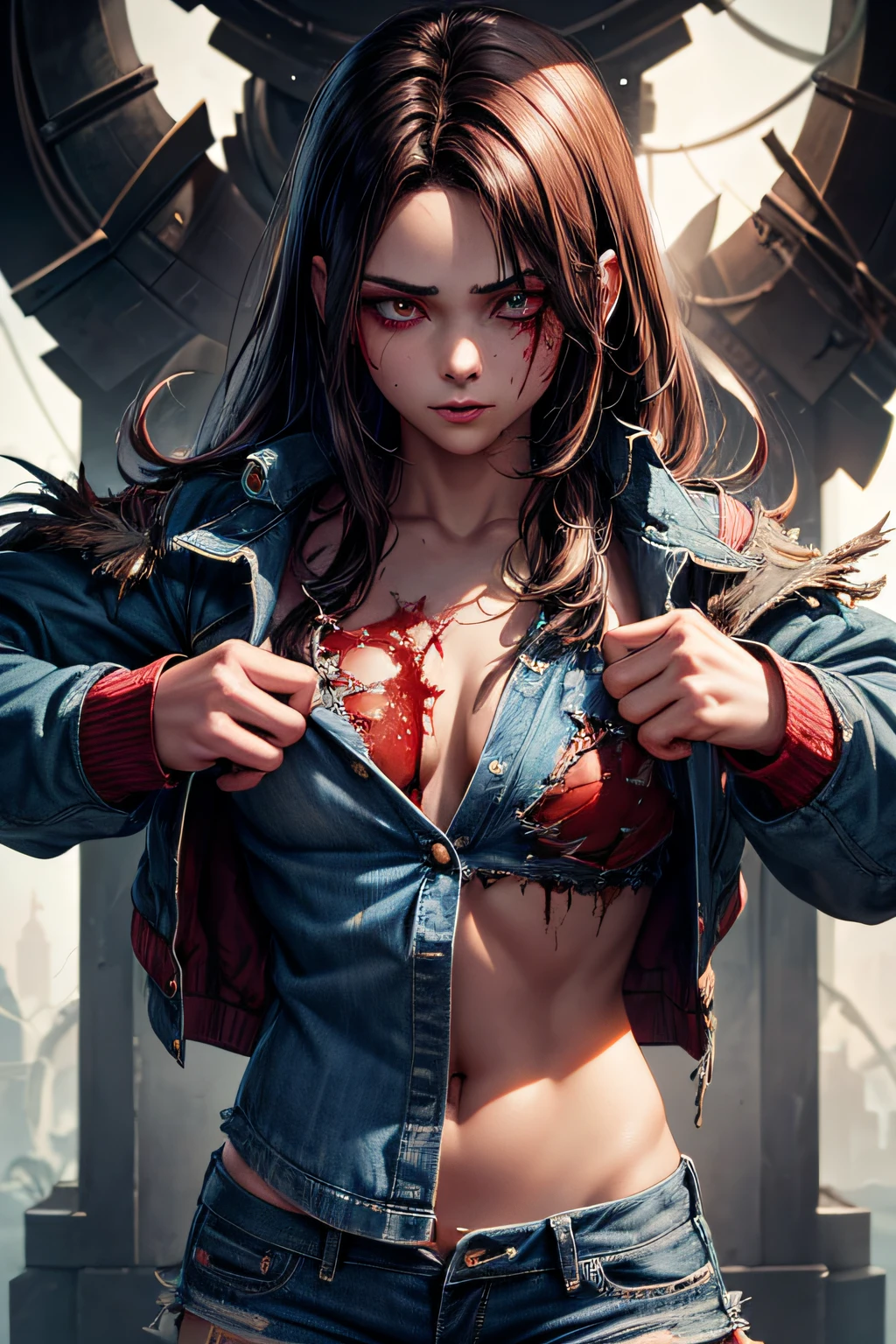 dead rotting bloodthirsty evil zombie, America Chavez, short denim jacket, blue shirt with red star, bloody, evil look, psychotic, ripped clothes, torn apart costume, combat stance, highly detailed, vibrant appearance, creative behavior, extremly detailed, imaginative, sensual, spontaneous, highest quality, skin texture, intricate details, (cinematic lighting), RAW photo, 8k, masterpiece,best quality,ultra-detailed,very detailed illustrations,extremely detailed,intricate details,highres,super complex details,extremely detailed 8k cg wallpaper,