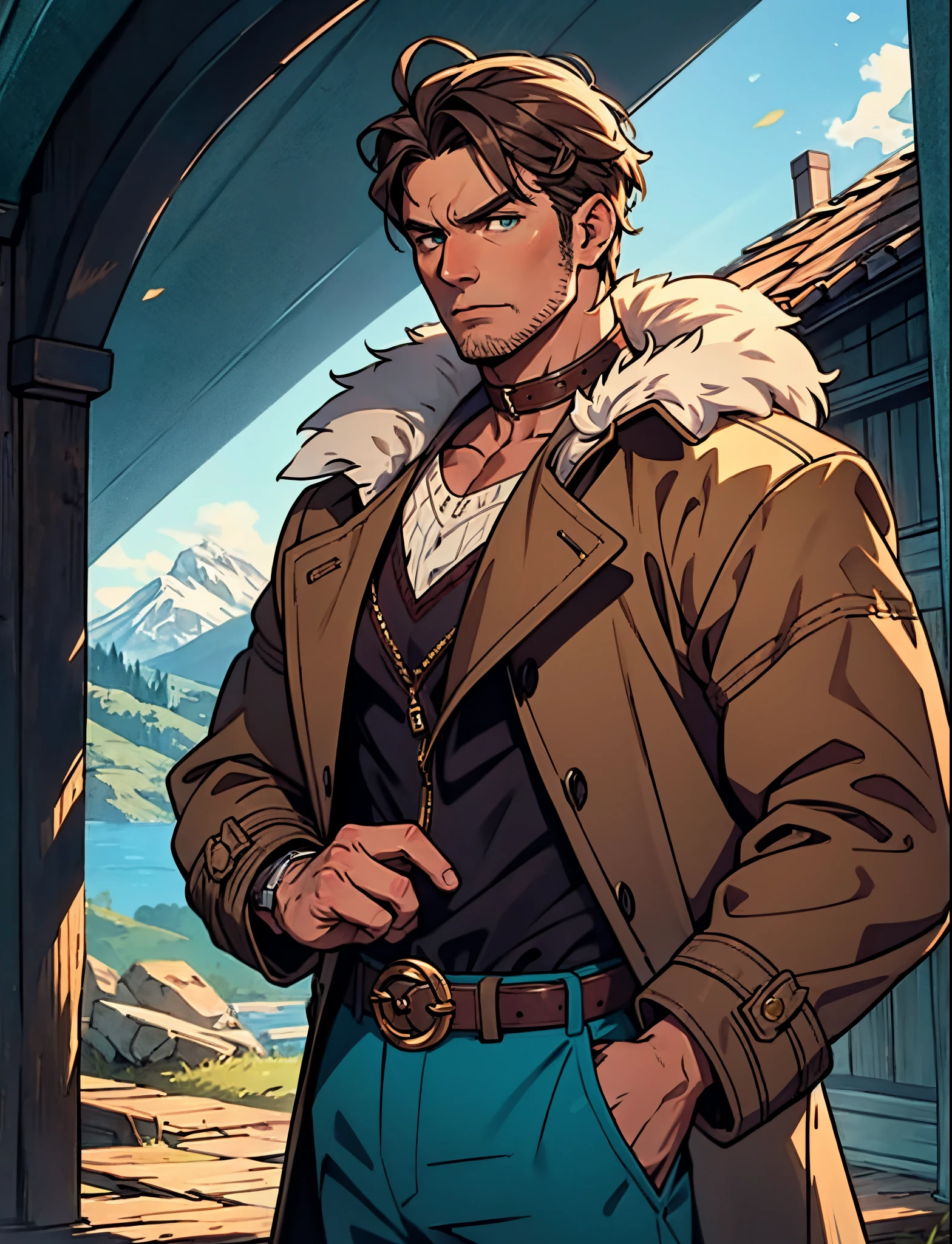 A middle-aged man, long teal hair, wild and disheveled hairstyle, determined gaze, a serious expression, noble features, some stubble, a simple fantasy-style two-piece hunter outfit, a short-sleeved gray shirt, a brown fur-lined coat, a cloth belt cinches his waist, ribbons wrap around his entire arm, coarse fabric pants, stands proudly atop a mountain peak, this character embodies a finely crafted fantasy-style hunter in anime style, exquisite and mature manga art style, high definition, best quality, highres, ultra-detailed, ultra-fine painting, extremely delicate, professional, anatomically correct, symmetrical face, extremely detailed eyes and face, high quality eyes, creativity, RAW photo, UHD, 8k, Natural light, cinematic lighting, masterpiece-anatomy-perfect, masterpiece:1.5