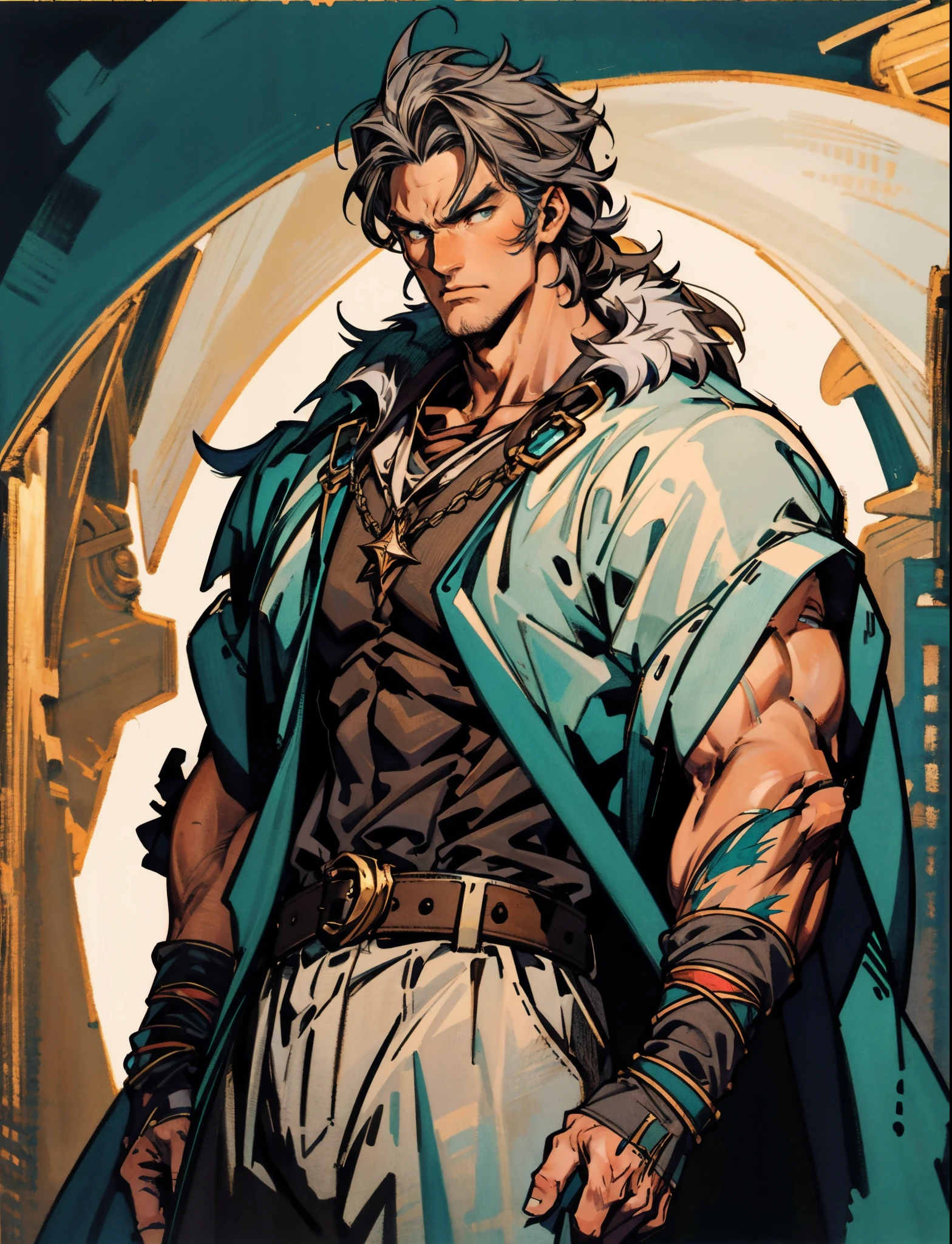A middle-aged man, long teal hair, wild and disheveled hairstyle, determined gaze, a serious expression, noble features, some stubble, a simple fantasy-style two-piece hunter outfit, a short-sleeved gray shirt, a brown fur-lined coat, a cloth belt cinches his waist, ribbons wrap around his entire arm, coarse fabric pants, stands proudly atop a mountain peak, this character embodies a finely crafted fantasy-style hunter in anime style, exquisite and mature manga art style, high definition, best quality, highres, ultra-detailed, ultra-fine painting, extremely delicate, professional, anatomically correct, symmetrical face, extremely detailed eyes and face, high quality eyes, creativity, RAW photo, UHD, 8k, Natural light, cinematic lighting, masterpiece-anatomy-perfect, masterpiece:1.5