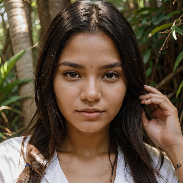 Indigenous woman 20 years old, cabelos longos e pretos olhos puxados na floresta