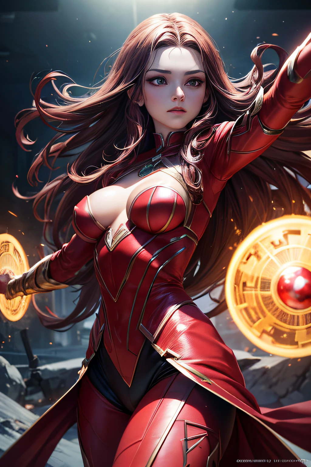 Wanda Maximov a.k.a. Scarlet Witch, movie accurate costume, combat stance, highly detailed, vibrant appearance, creative behavior, extremly detailed, imaginative, sensual, spontaneous, highest quality, skin texture, intricate details, (cinematic lighting), RAW photo, 8k, masterpiece,best quality,ultra-detailed,very detailed illustrations,extremely detailed,intricate details,highres,super complex details,extremely detailed 8k cg wallpaper,