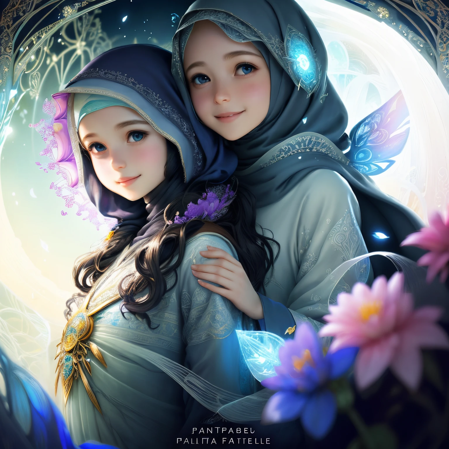 smiling face Subtle girl with flowers Full hijab, full dress, full robe, ethereal fantasy concept art of intricate paper quilled , vibrant, beautiful paper quills, hyper detailed, insane depth, gorgeous composition, chaotic but orderly . magnificent, celestial, ethereal, painterly, epic, majestic, magical, fantasy art, cover art, dreamy . magnificent, celestial, ethereal, painterly, epic, majestic, magical, fantasy art, cover art, dreamy