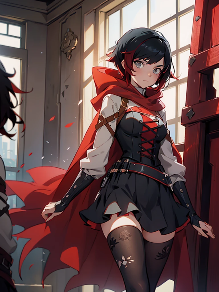 RWBY, 1girl, cloak, red cape, red hood, silver eyes, pantyhose, short hair, black hair, red hair, gradient hair, (intricate clothes), corset, belt, black skirt, cowboy shot, walking in old library, ruby rose, short black asymmetric hair (grey eyes: 0.75), cute round face, ruby rose, high quality, best quality, masterpiece, absurdity, 8k