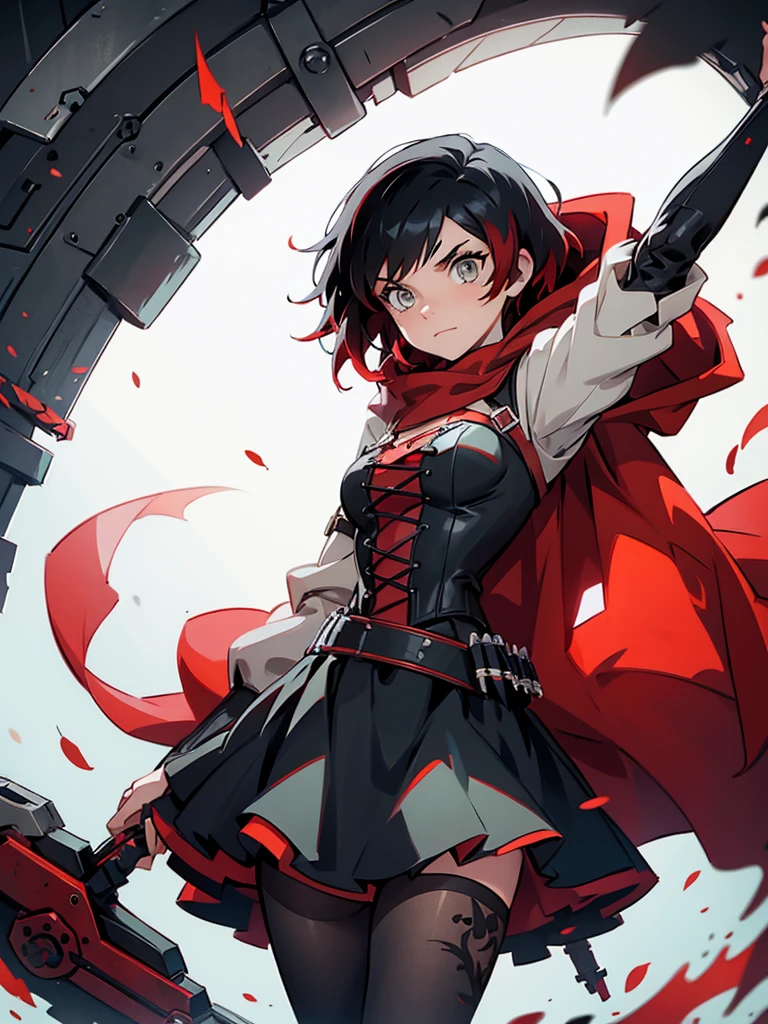 RWBY, 1girl, cloak, red cape, red hood, silver eyes, pantyhose, short hair, black hair, red hair, gradient hair, (intricate clothes), corset, belt, black skirt, cowboy shot, walking in old library, ruby rose, short black asymmetric hair (grey eyes: 0.75), cute round face, ruby rose, high quality, best quality, masterpiece, absurdity, 8k