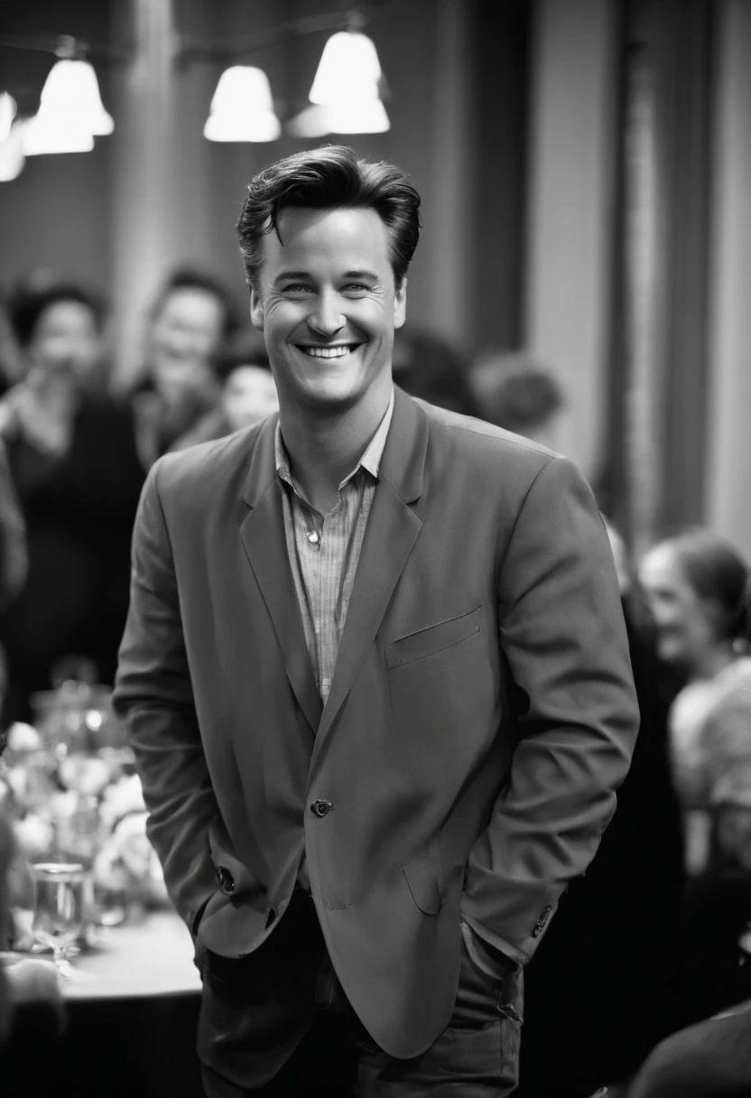 A photo of Chandler at a trivia night, holding a trivia answer board and laughing with friends,Friends TV Show,Chandler Bing, a character from the popular TV sitcom “Friends,” has a lean build and a boyish appearance, often characterized by his short, neatly styled hair and a sarcastic smile. His fashion is typically casual and unassuming, reflecting his laid-back and somewhat self-deprecating personality. , male